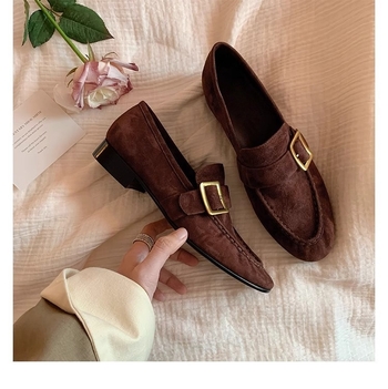 Loaferi din piele naturală cu cataramă pătrată, căptușite cu lână de oaie, stil britanic vintage, slip-on pentru femei