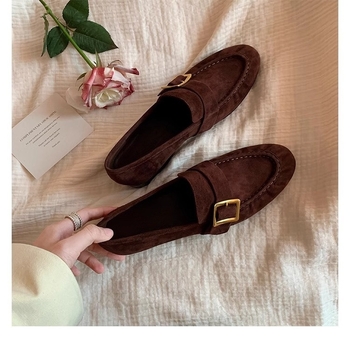 Loaferi din piele naturală cu cataramă pătrată, căptușite cu lână de oaie, stil britanic vintage, slip-on pentru femei