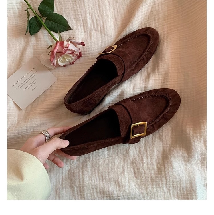 Loaferi din piele naturală cu cataramă pătrată, căptușite cu lână de oaie, stil britanic vintage, slip-on pentru femei