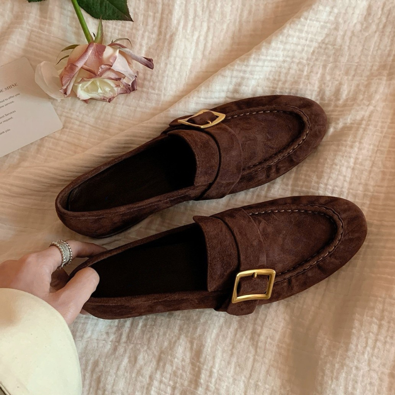 Loaferi din piele naturală cu cataramă pătrată, căptușite cu lână de oaie, stil britanic vintage, slip-on pentru femei