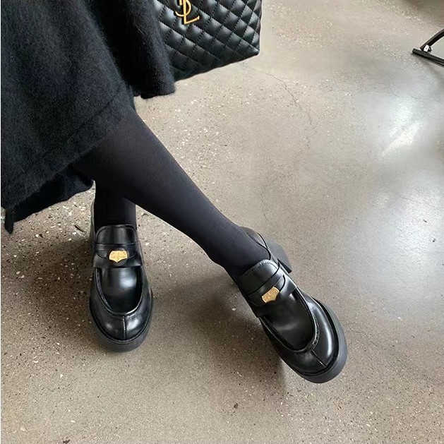 Loafers femei retro, vârf rotund și detaliu cu monedă, toc și talpă groși, stil britanic, partea superioară din fibră sintetică