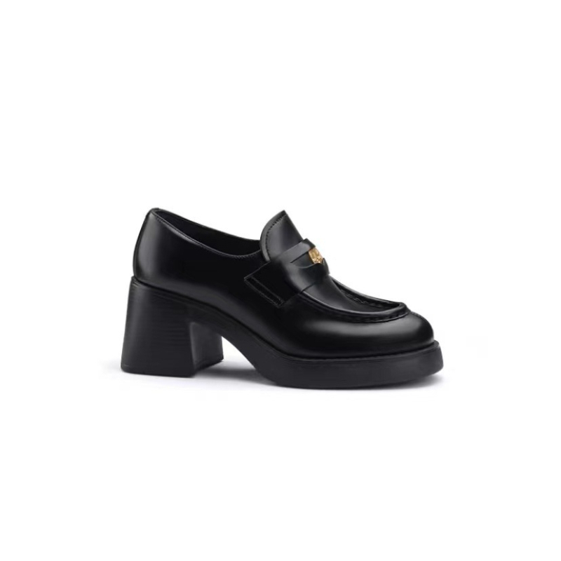 Loafers femei retro, vârf rotund și detaliu cu monedă, toc și talpă groși, stil britanic, partea superioară din fibră sintetică