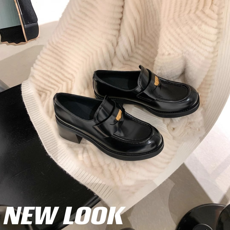 Loafers femei retro, vârf rotund și detaliu cu monedă, toc și talpă groși, stil britanic, partea superioară din fibră sintetică