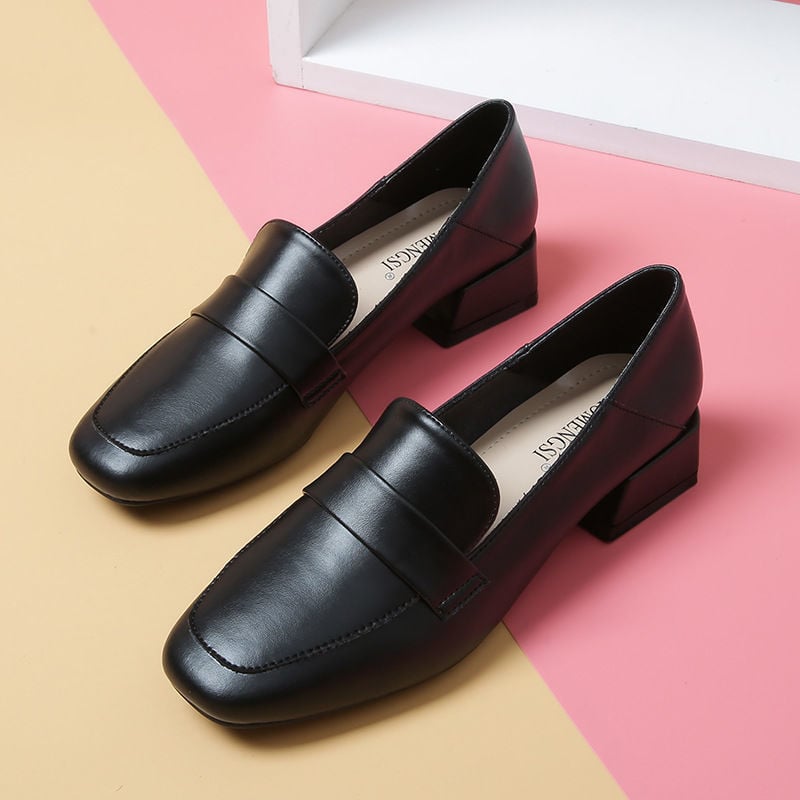 Γυναικείοι loafers με τετράγωνη μύτη, ελαφριά δερμάτινα για τέσσερις εποχές, βρετανικού στυλ μεσαίας φτέρνας