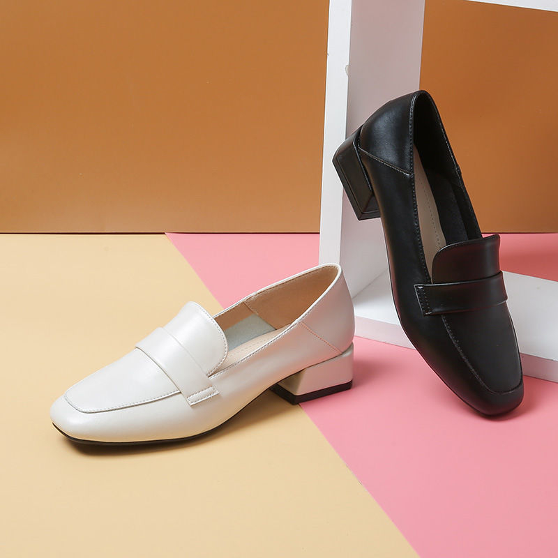 Γυναικείοι loafers με τετράγωνη μύτη, ελαφριά δερμάτινα για τέσσερις εποχές, βρετανικού στυλ μεσαίας φτέρνας