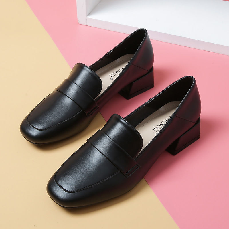 Γυναικείοι loafers με τετράγωνη μύτη, ελαφριά δερμάτινα για τέσσερις εποχές, βρετανικού στυλ μεσαίας φτέρνας