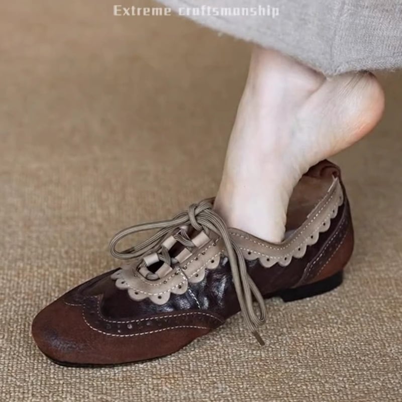 Γυναικείοι δερμάτινοι loafers από γνήσιο δέρμα προβάτου με ανάγλυφο vintage μοτίβο, κορδόνια, βρετανικό στυλ, άνοιξη-φθινόπωρο
