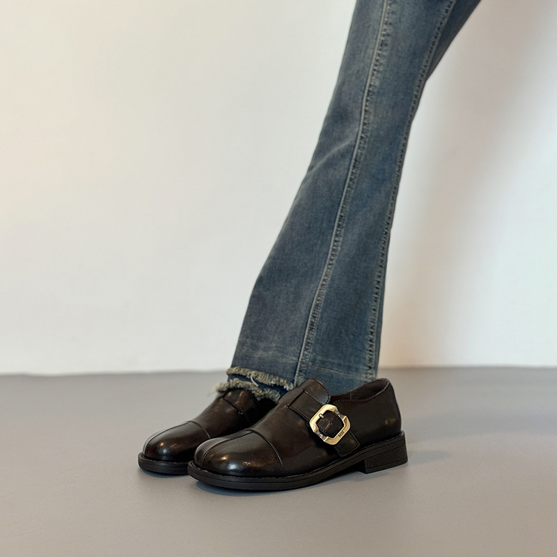 Ženske kožne loaferice s retro okruglim nosom, britski stil, kožne ravne cipele, jesen 2026