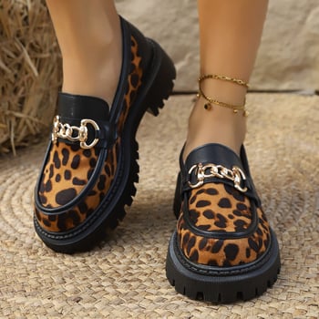 Női leopard mintájú loafer, kerek orr, fém csat, vastag talp, retro stílus, nagy méretek, 2026 tavasz–ősz