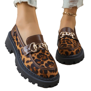 Női leopard mintájú loafer, kerek orr, fém csat, vastag talp, retro stílus, nagy méretek, 2026 tavasz–ősz
