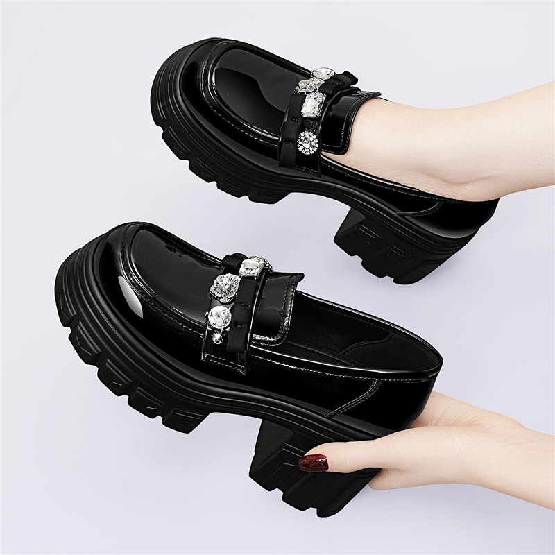 Golden Rabbit ženske loaferice s debelim potplatom, jesen 2025, crne, britanski stil, minimalističke svakodnevne cipele