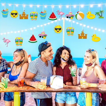 Sada 20 drevených visiacich ozdô pre letnú výzdobu stromu — motívy Hawaii, pláž, melón, slnečná čiapka a slnečné okuliare na párty dekoráciu