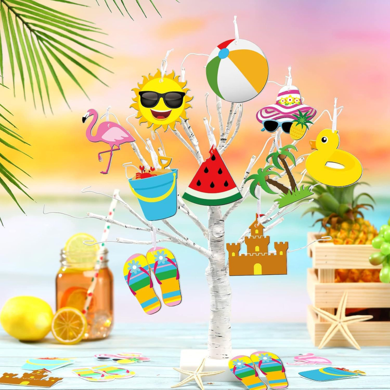 Sada 20 drevených visiacich ozdô pre letnú výzdobu stromu — motívy Hawaii, pláž, melón, slnečná čiapka a slnečné okuliare na párty dekoráciu