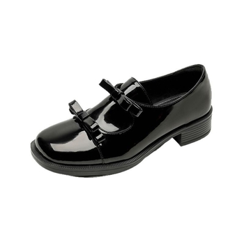 Női fekete patent bőr loafer masnival, francia stílusú, közepes sarkú, slip-on, puha talp, 2025 tavasz–ősz
