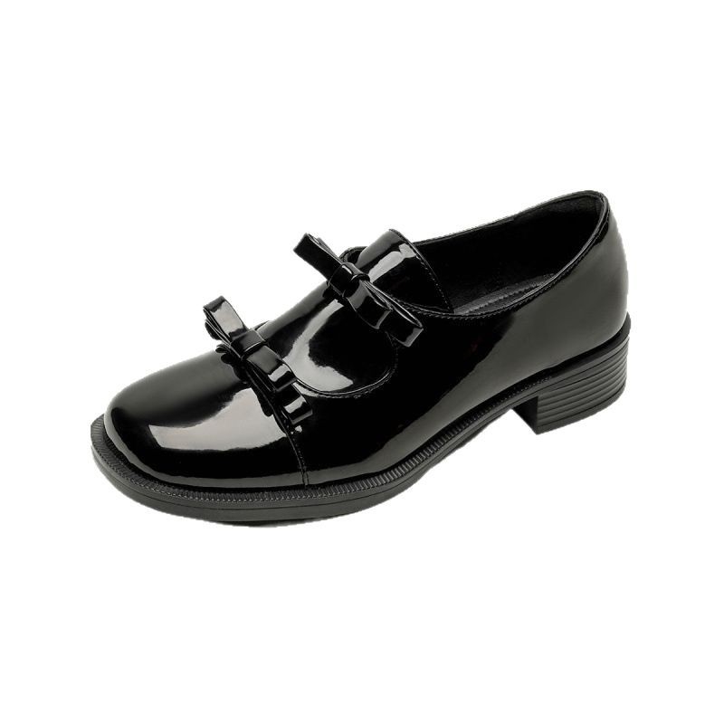Női fekete patent bőr loafer masnival, francia stílusú, közepes sarkú, slip-on, puha talp, 2025 tavasz–ősz