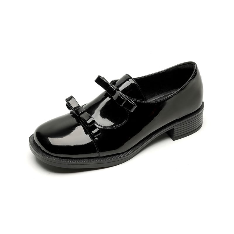Női fekete patent bőr loafer masnival, francia stílusú, közepes sarkú, slip-on, puha talp, 2025 tavasz–ősz