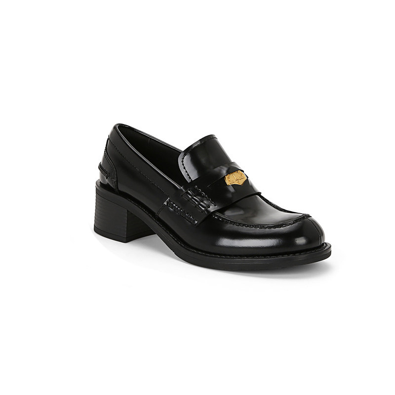 Loafers din piele pentru femei, cu monedă aurie în stil Miu, design britanic, toc gros