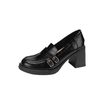 Ženske crne kožne loafers bez vezica, britanski stil, srednja visina pete 3–5 cm, svakodnevna obuća