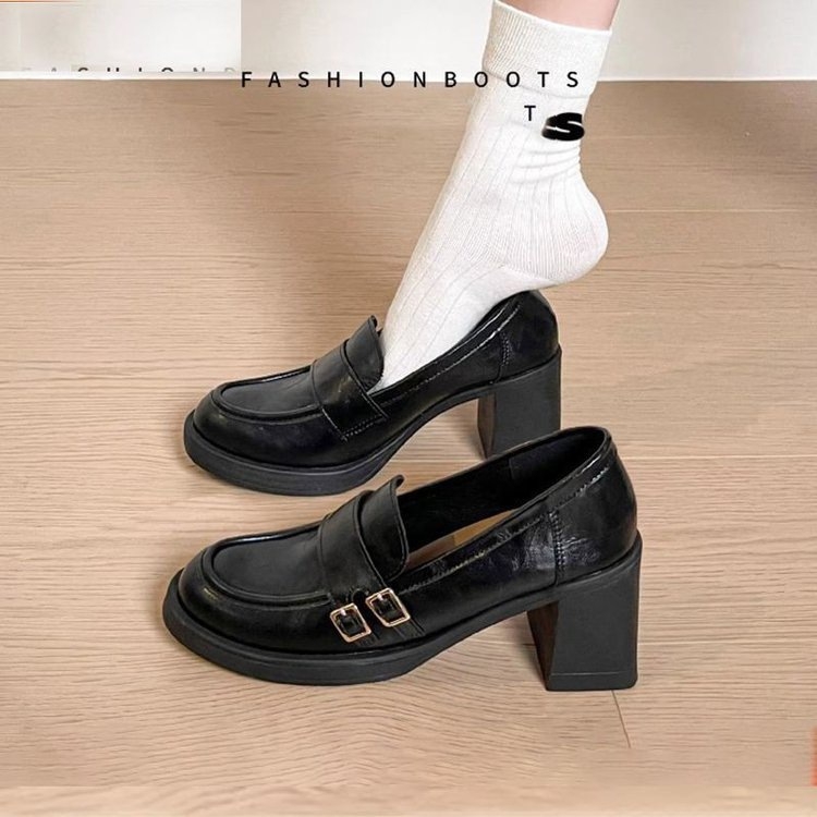 Ženske crne kožne loafers bez vezica, britanski stil, srednja visina pete 3–5 cm, svakodnevna obuća