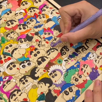 Drevená skladačka Shin-chan: graffiti, nepravidelný tvar, ručne maľovaná, DIY, farebiteľná, rodinný portrét