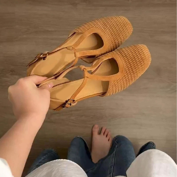 Ženske retro tkanine rimske sandale s kvadratnim nosom i debelim petom, Mary Jane stil, 2025