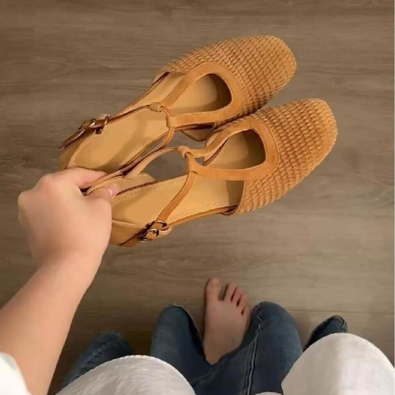 Ženske retro tkanine rimske sandale s kvadratnim nosom i debelim petom, Mary Jane stil, 2025