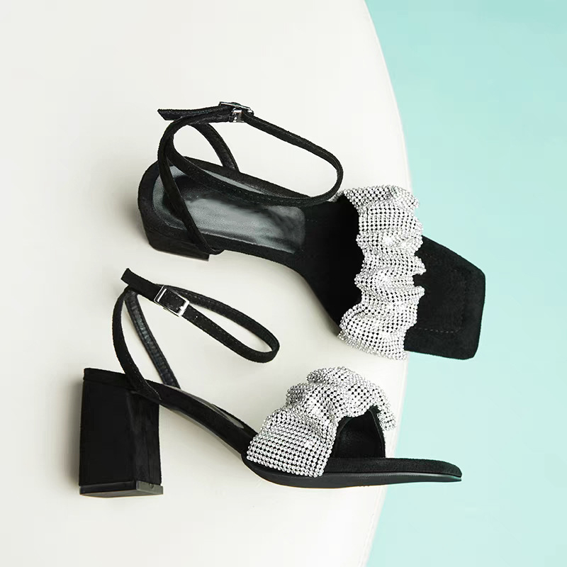 Ljetne ženske sandale s jednim remenom i kopčom, rhinestones, crne, kvadratni vrh prstiju, korejski stil