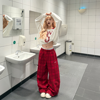 Ženske hlače s retro ulično stilom, crveno karirane, jesenski opušten kroj, sportski stil ističe siluetu, hlače za džez ples s zakrivljenim krojem