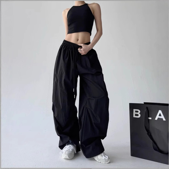 Ženske hlače u američkom retro sportskom stilu, širokog kroja, hip-hop, parašutski stil, plisirane, ravni kroj, casual
