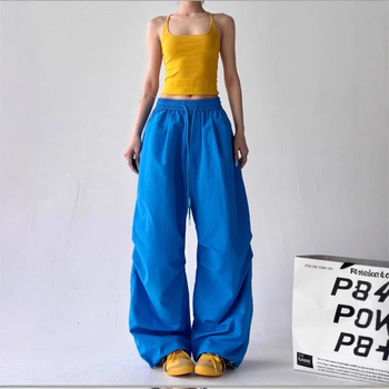 Ženske hlače u američkom retro sportskom stilu, širokog kroja, hip-hop, parašutski stil, plisirane, ravni kroj, casual