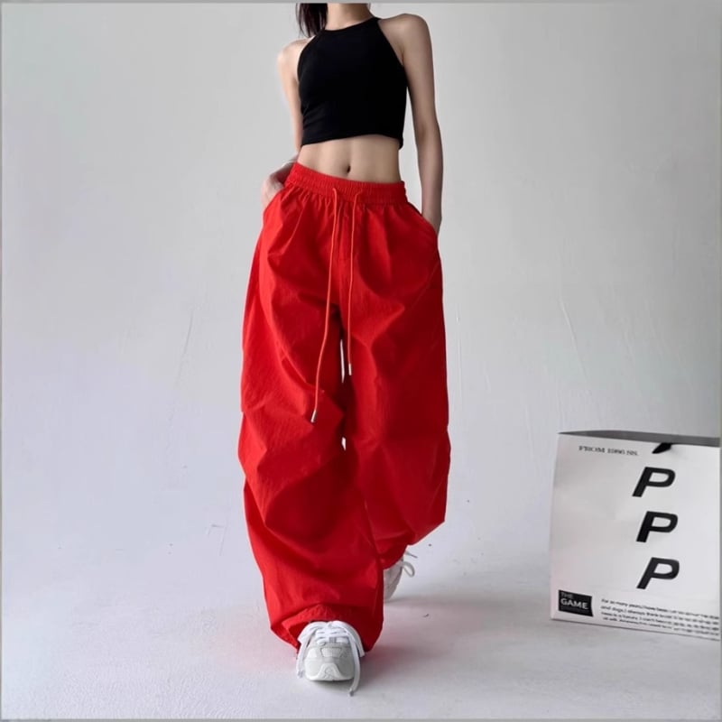 Ženske hlače u američkom retro sportskom stilu, širokog kroja, hip-hop, parašutski stil, plisirane, ravni kroj, casual
