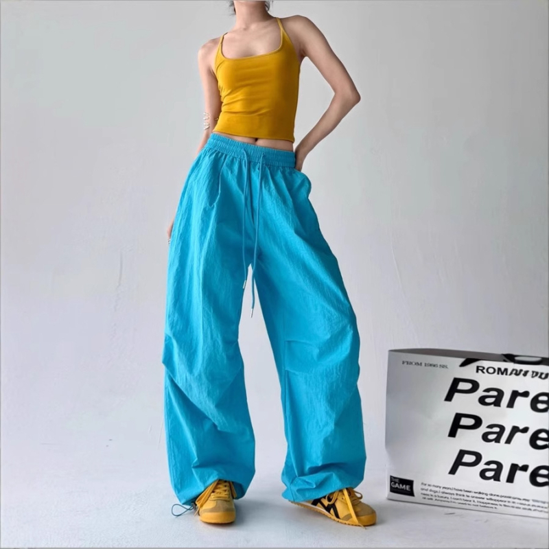 Ženske hlače u američkom retro sportskom stilu, širokog kroja, hip-hop, parašutski stil, plisirane, ravni kroj, casual
