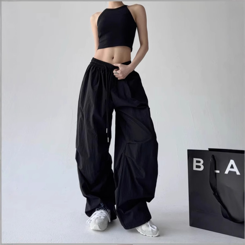 Ženske hlače u američkom retro sportskom stilu, širokog kroja, hip-hop, parašutski stil, plisirane, ravni kroj, casual