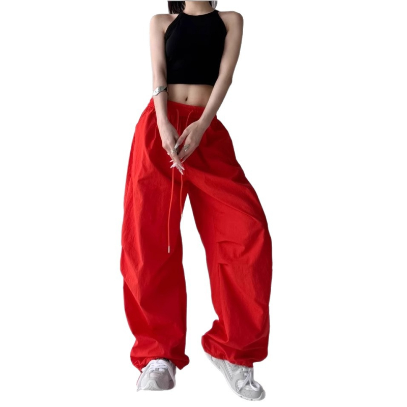 Ženske hlače u američkom retro sportskom stilu, širokog kroja, hip-hop, parašutski stil, plisirane, ravni kroj, casual