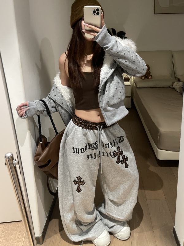 Ženske hlače s patchwork pojasom i leopard uzorkom, široke, visokim strukom, jesen-zima, retro američko-korejski street stil, kroj inspiriran džez plesom