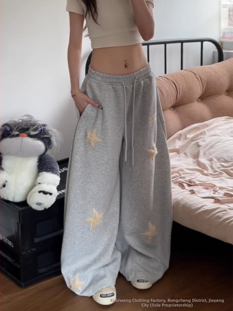 Dámske športové nohavice s americkým retro hviezdičkovým výšivkom, voľný strih, široké nohavice, dĺžka až po podlahu, na jeseň-zimu