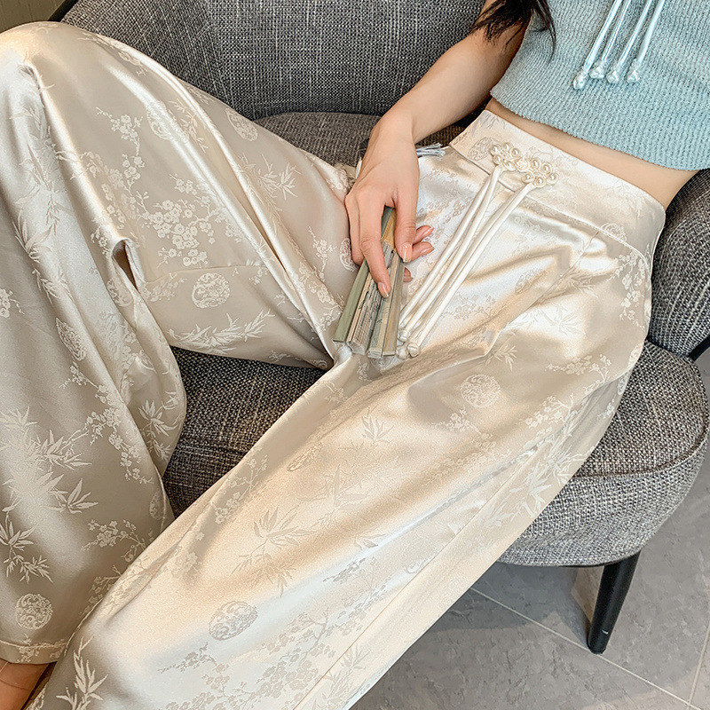 Ženske široke hlače od jacquard-satena, kineskog stila, novi dizajn 2026, visok struk, vizualno sužavajući kroj, casual, dugačke do poda