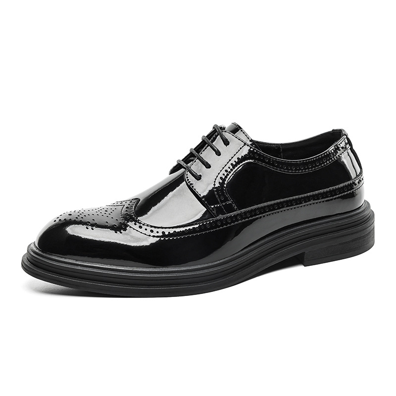Мъжки кожени обувки тип брог с изящна резба и остър нос, британско-корейски стил, лъскав завършек, официални обувки.