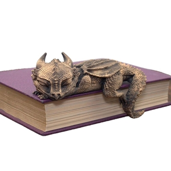 Sleep Dragon figúrka z živice na policu kníh, západný fantasy štýl