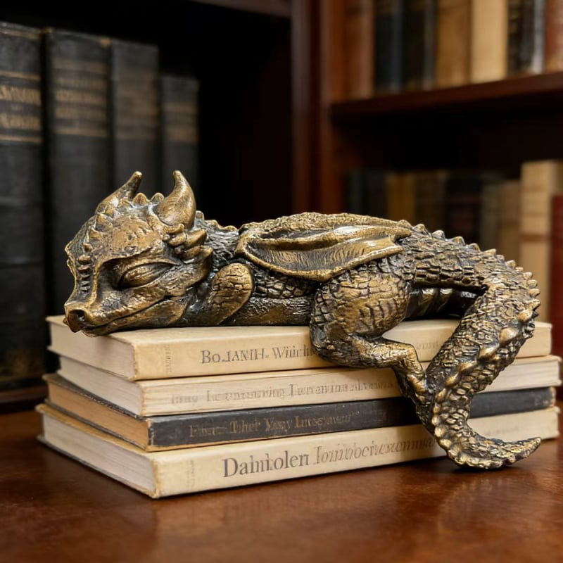 Sleep Dragon figúrka z živice na policu kníh, západný fantasy štýl