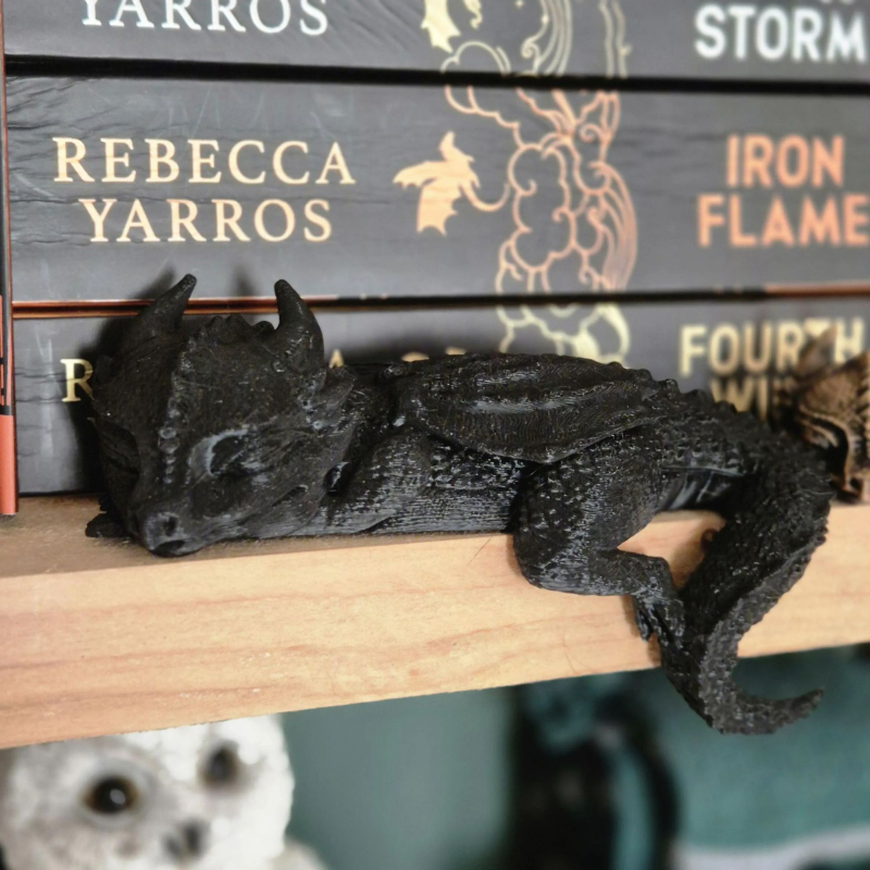 Sleep Dragon figúrka z živice na policu kníh, západný fantasy štýl