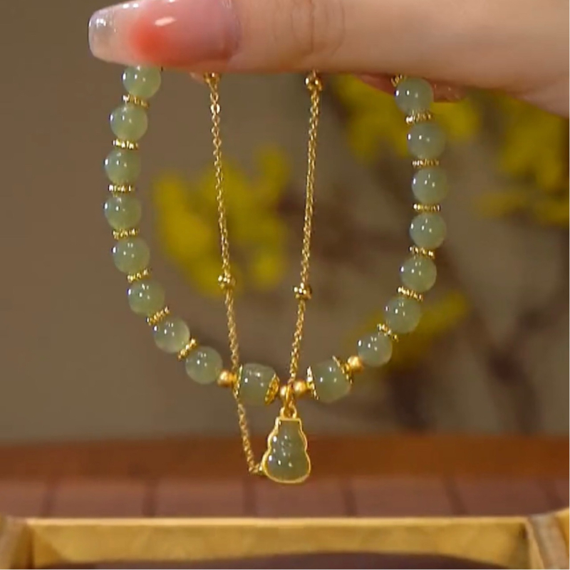 Hibiscus Sound ženski narukvica – dvostruki lanac s kuglicama od imitacije Hetian jade, prilagodljiva, lagan luksuzni komad nakita