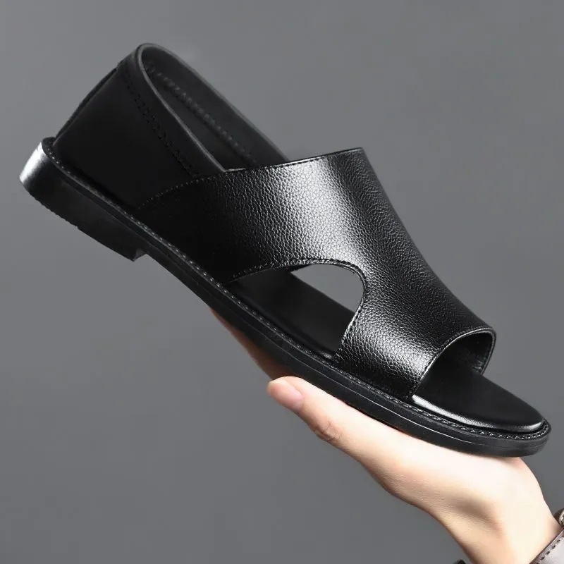 Sandale din piele pentru bărbați, vară, piele naturală, talpă moale, cu degete deschise, casual, antiderapante pentru uz exterior