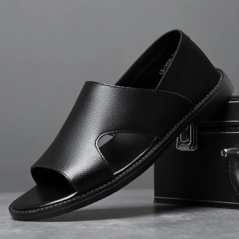 Sandale din piele pentru bărbați, vară, piele naturală, talpă moale, cu degete deschise, casual, antiderapante pentru uz exterior