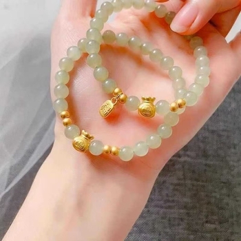 Pozlaćena Hetian jade narukvica s perlicama sreće, unisex retro stil, božićni dar