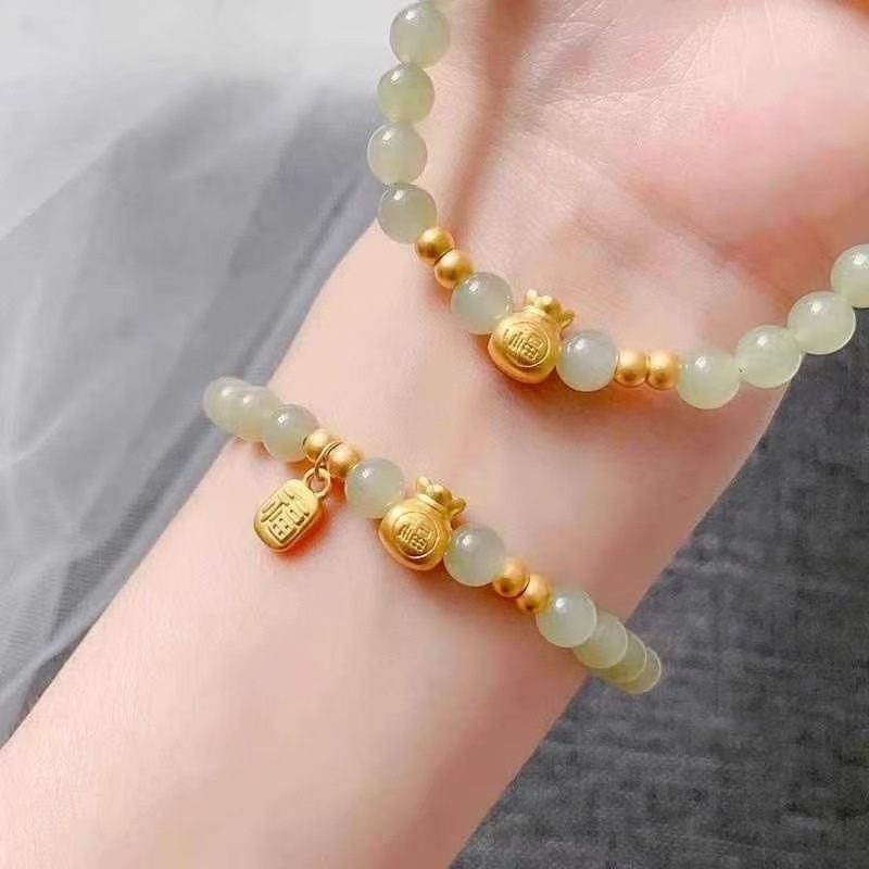 Pozlaćena Hetian jade narukvica s perlicama sreće, unisex retro stil, božićni dar