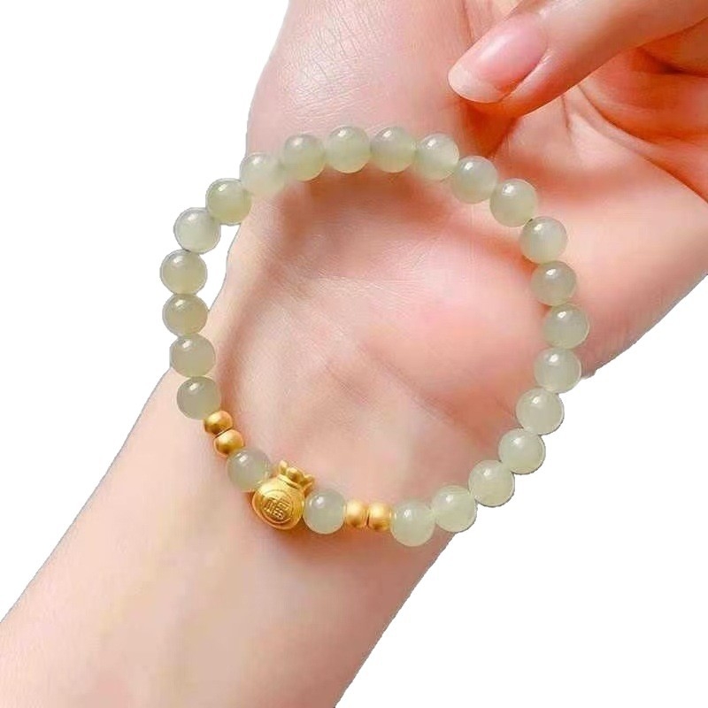 Pozlaćena Hetian jade narukvica s perlicama sreće, unisex retro stil, božićni dar