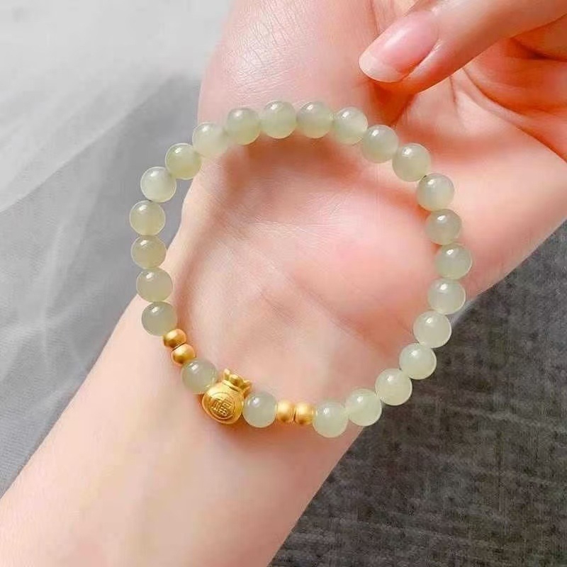 Pozlaćena Hetian jade narukvica s perlicama sreće, unisex retro stil, božićni dar