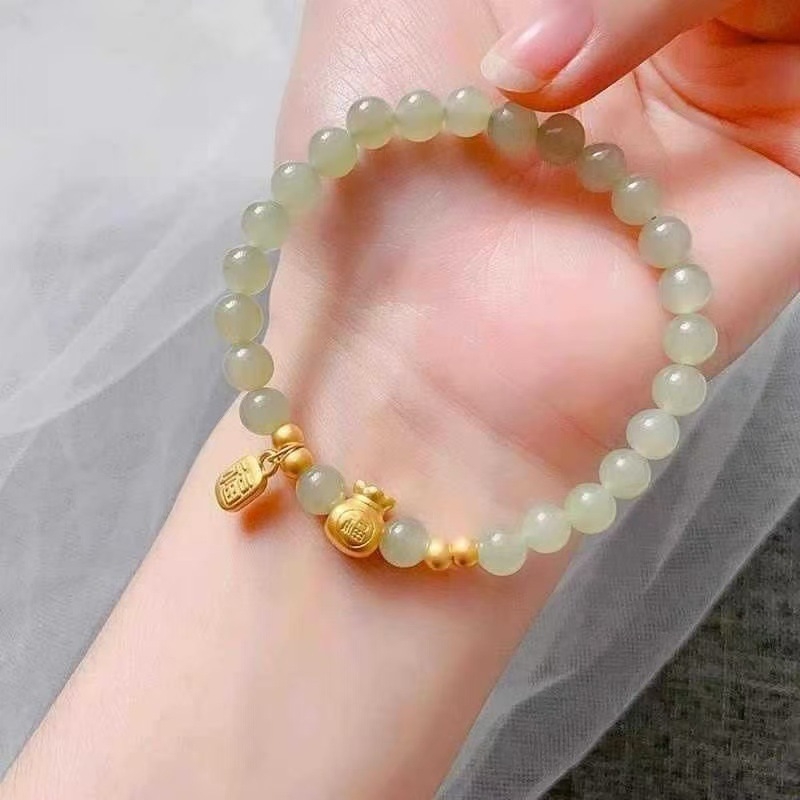 Pozlaćena Hetian jade narukvica s perlicama sreće, unisex retro stil, božićni dar