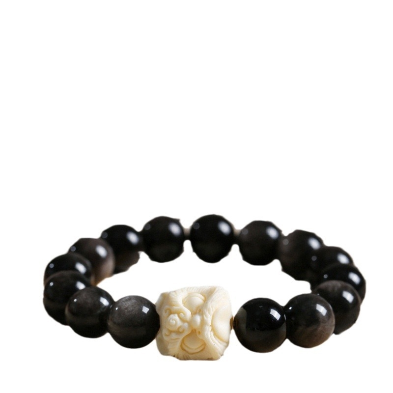 Obsidianska narukvica s motivom lava plesa, jednostruki dizajn, Bodhi perle od bijelog jadeita i Bodhi korijen – unisex nakit za parove